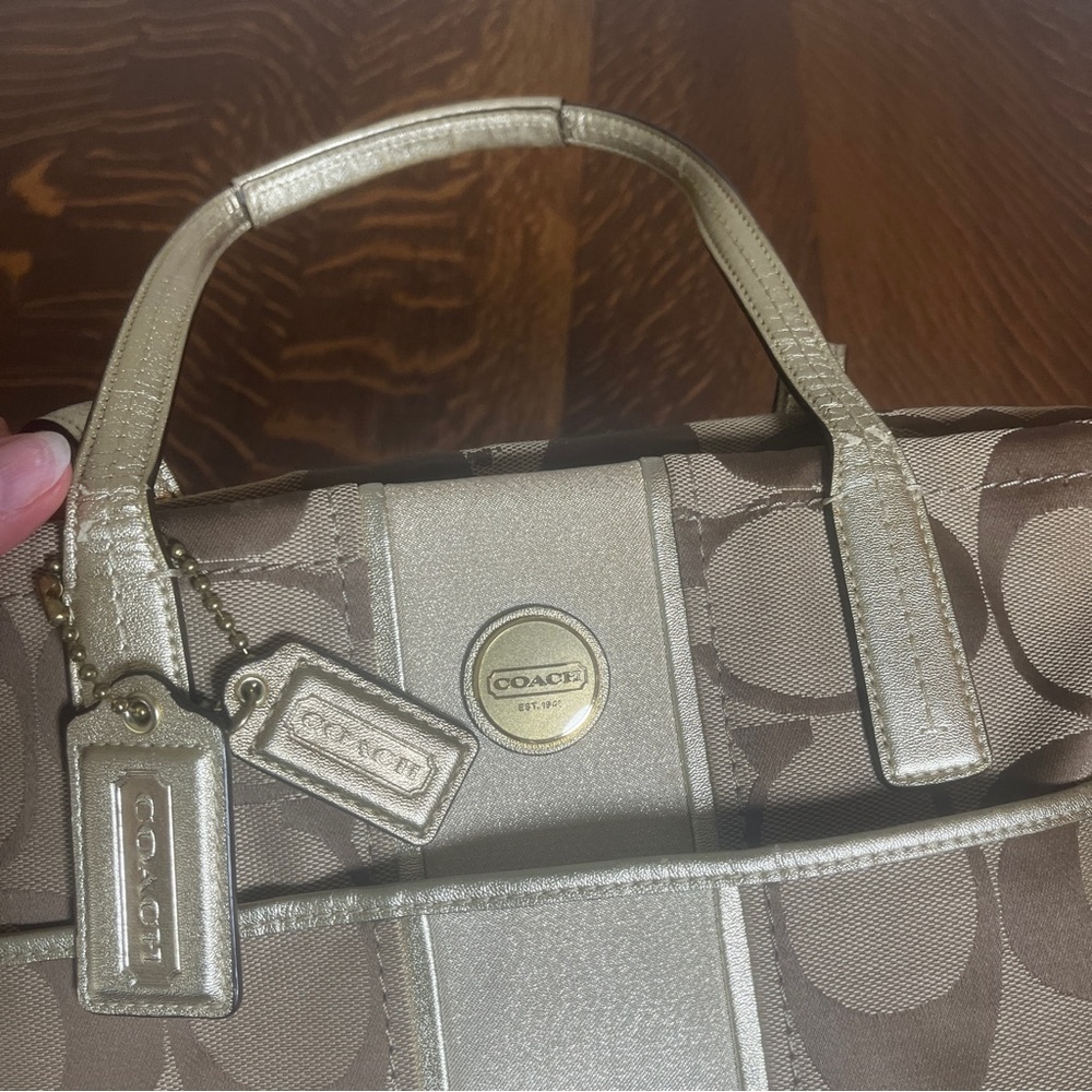 Coach Beige and Gold Signature Stripe Tote - Picture 3 of 11